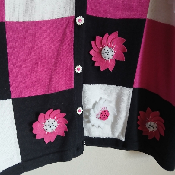 TERAZZO Cardigan L 3D Flowers Daisy Checked Knit Sweater Button Down FLAW - Picture 3 of 12